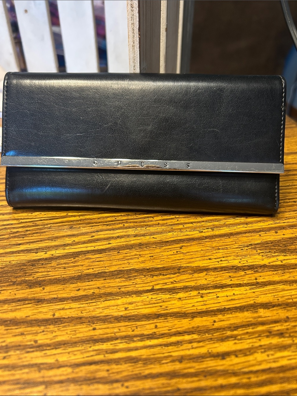 Guess Black Leather Clutch Wallet with Silver Bar Detail